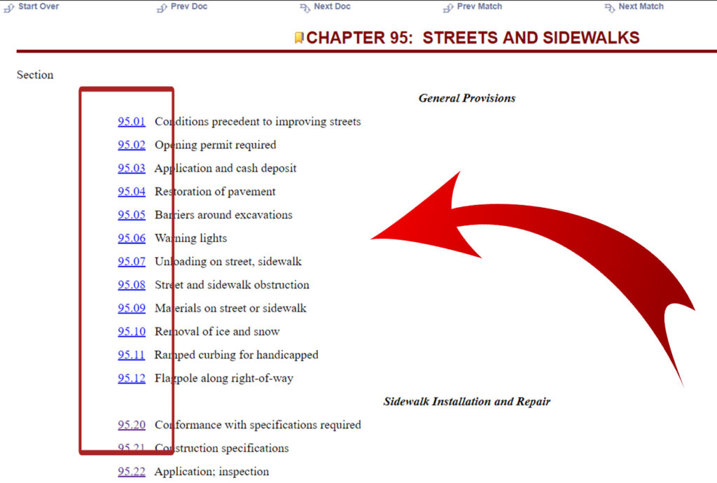Screenshot of online list of city ordinances with red arrow pointing to links