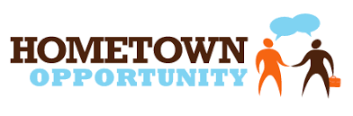 Logo for Hometown Opportunity job site with two people shaking hands and thought bubbles over them