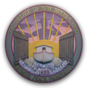 Village of New Bremen, Ohio seal with canal boat and rising sun behind