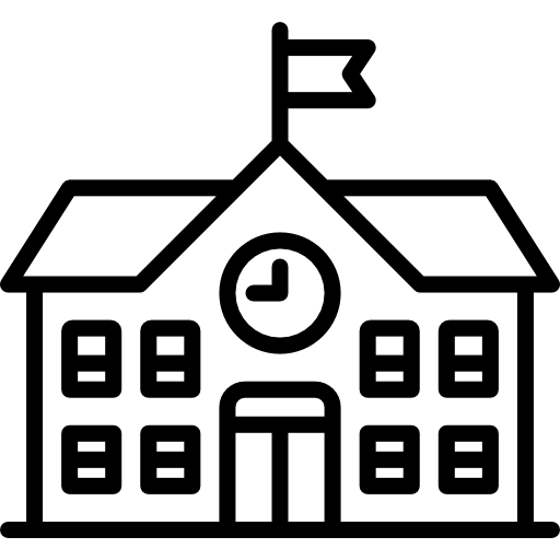 Black vector image of school with large clock and flag flying on top